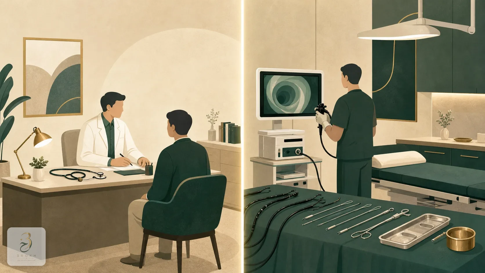 Split scene comparing a general clinic desk with a fully equipped subspecialty endoscopy suite