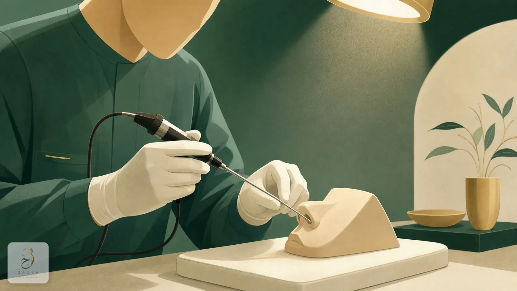 Surgeon's hand operating an endoscope on an anatomical nose training model
