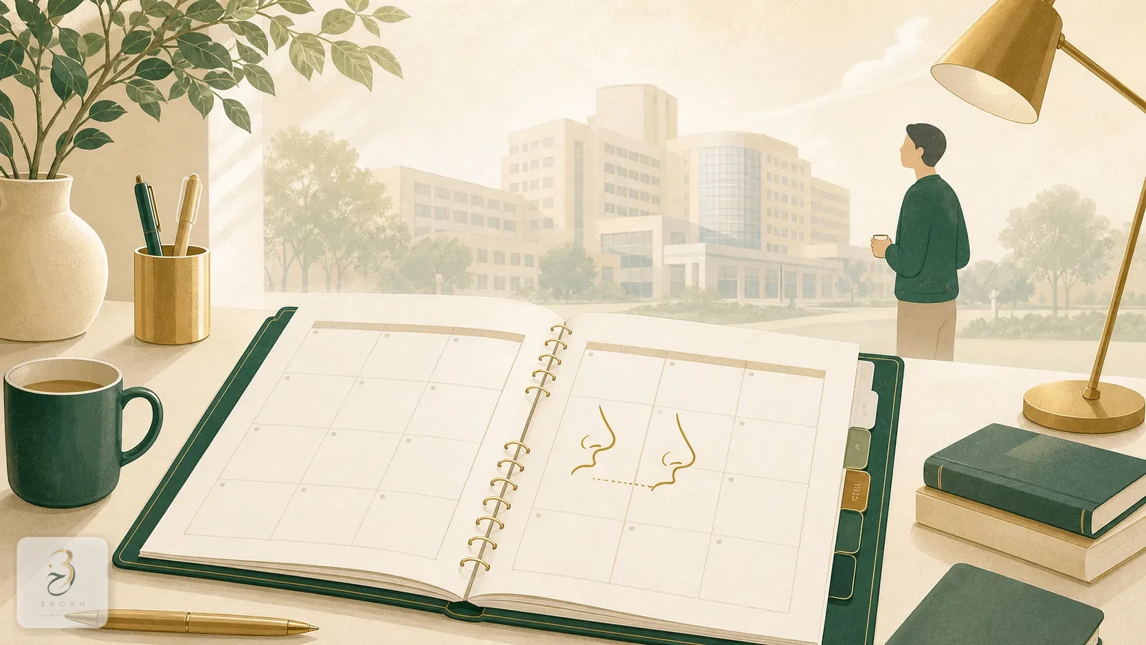 An open desk planner with monthly tabs and a simplified university-hospital silhouette in the background