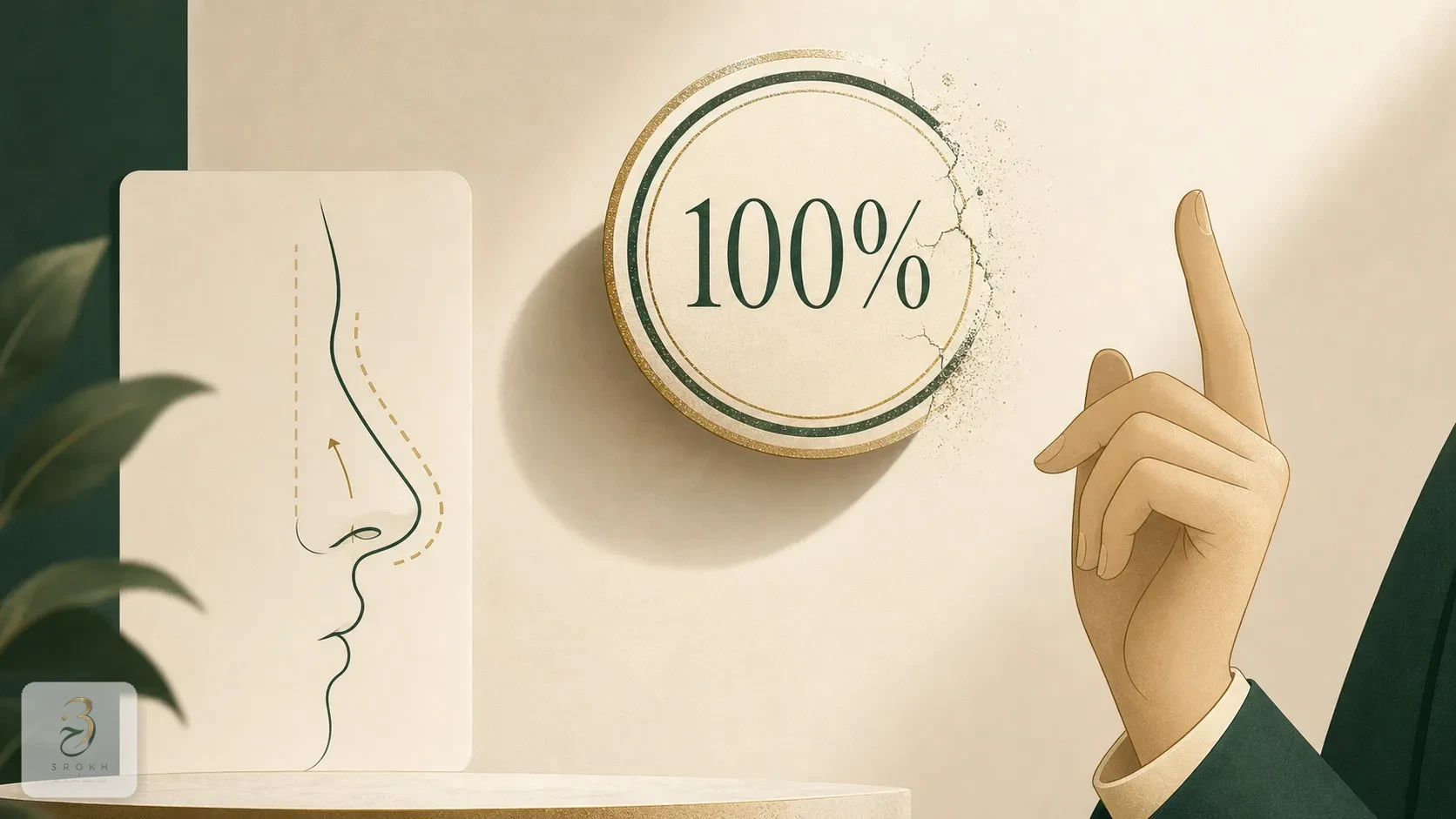 An abstract hand questioning a stamped 100% guarantee mark over a simplified nose diagram