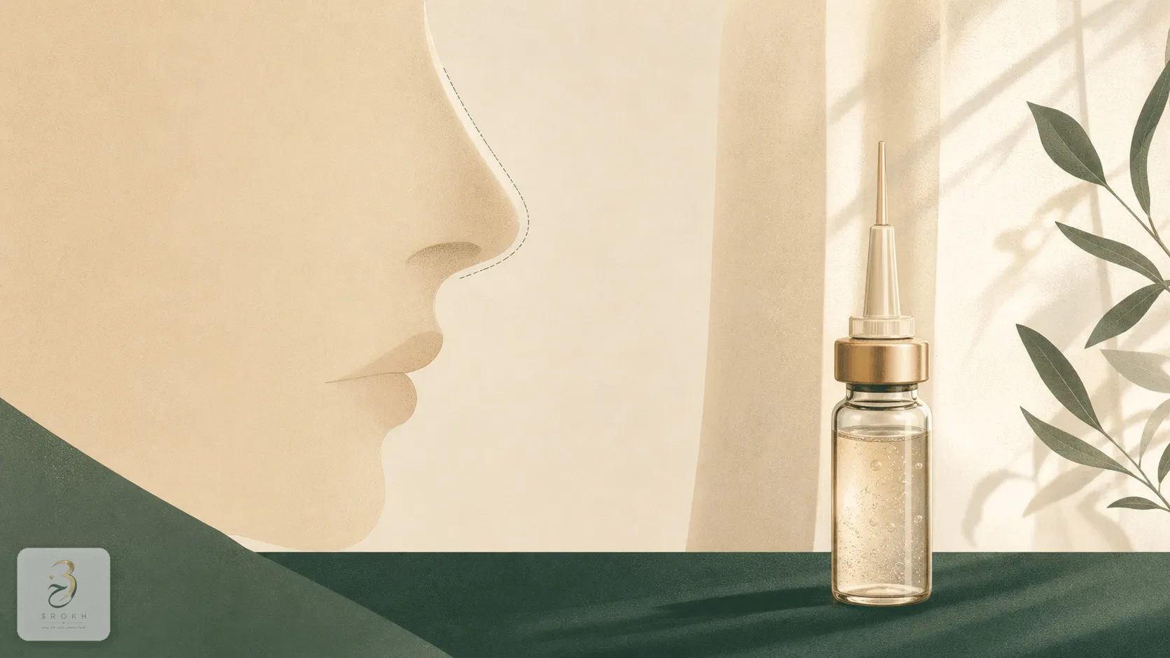 A small vial of injectable gel next to a simplified nose profile showing only limited surface change