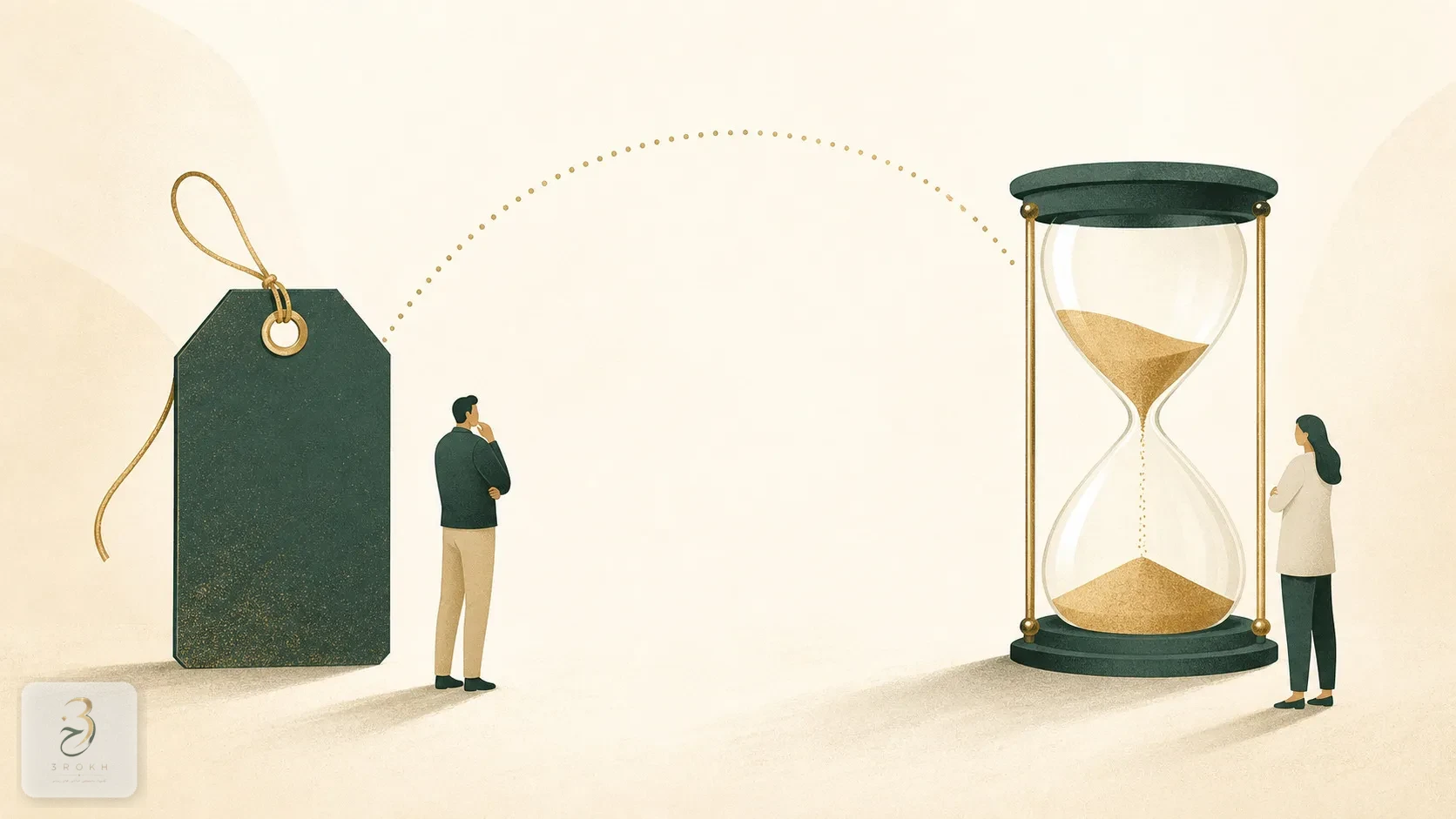 An abstract price tag next to an hourglass, suggesting the time pressure behind a flash discount