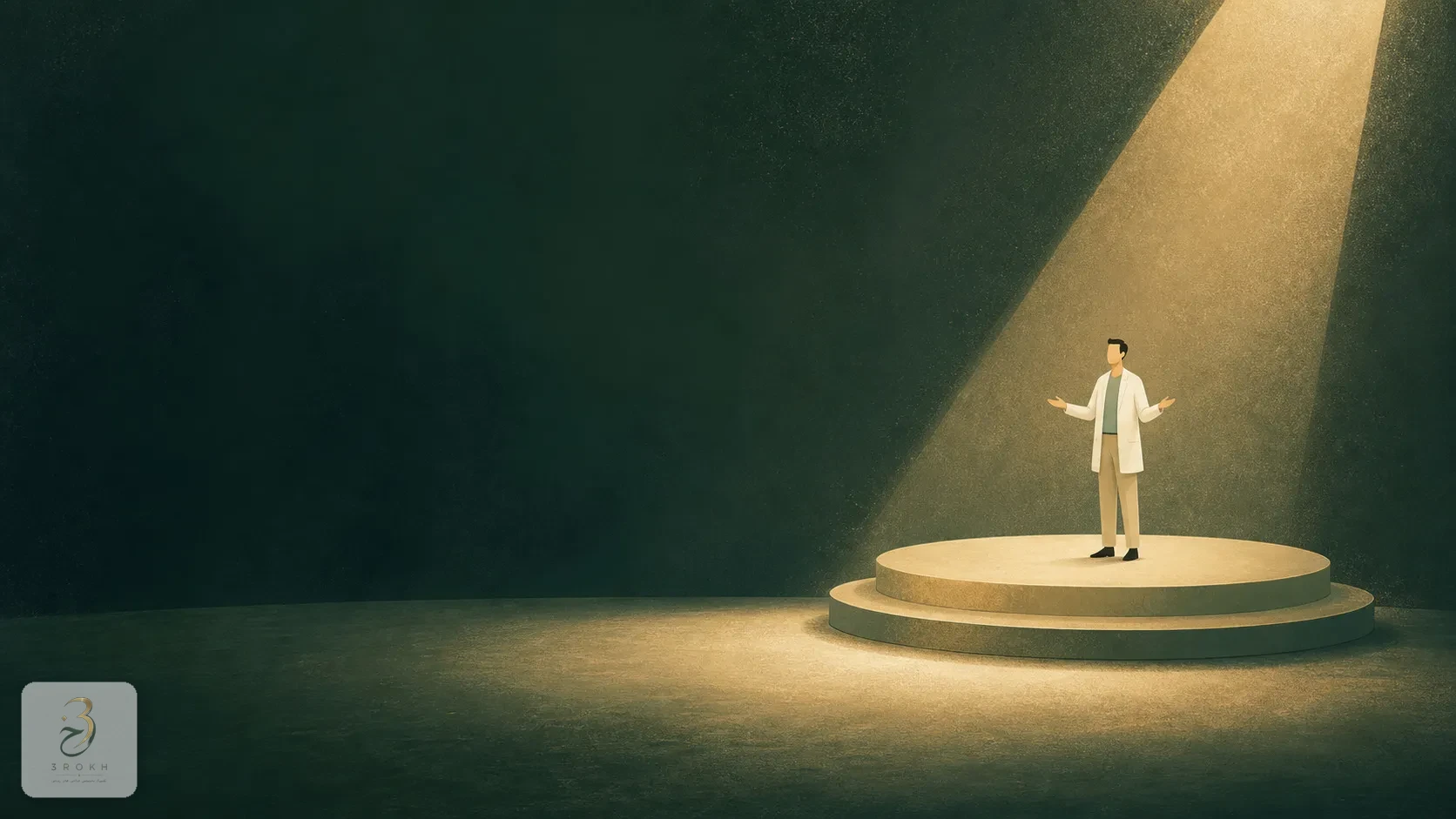 An abstract spotlight beam on a simplified human figure presenting something, with a visible gap from the audience