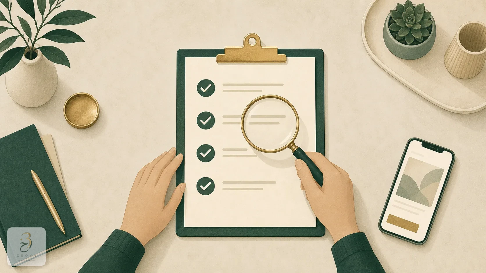 An abstract clipboard with a magnifying glass reviewing a checklist of items next to a smartphone