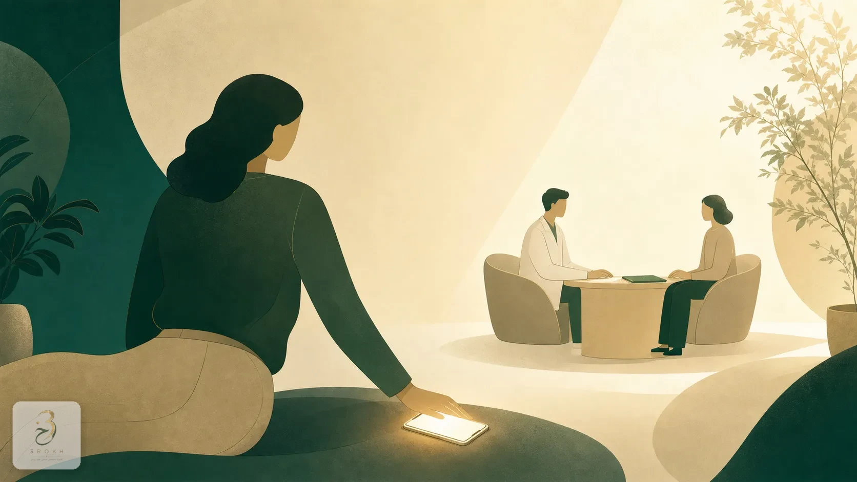A hand setting aside a phone ad and turning instead toward a real consultation desk