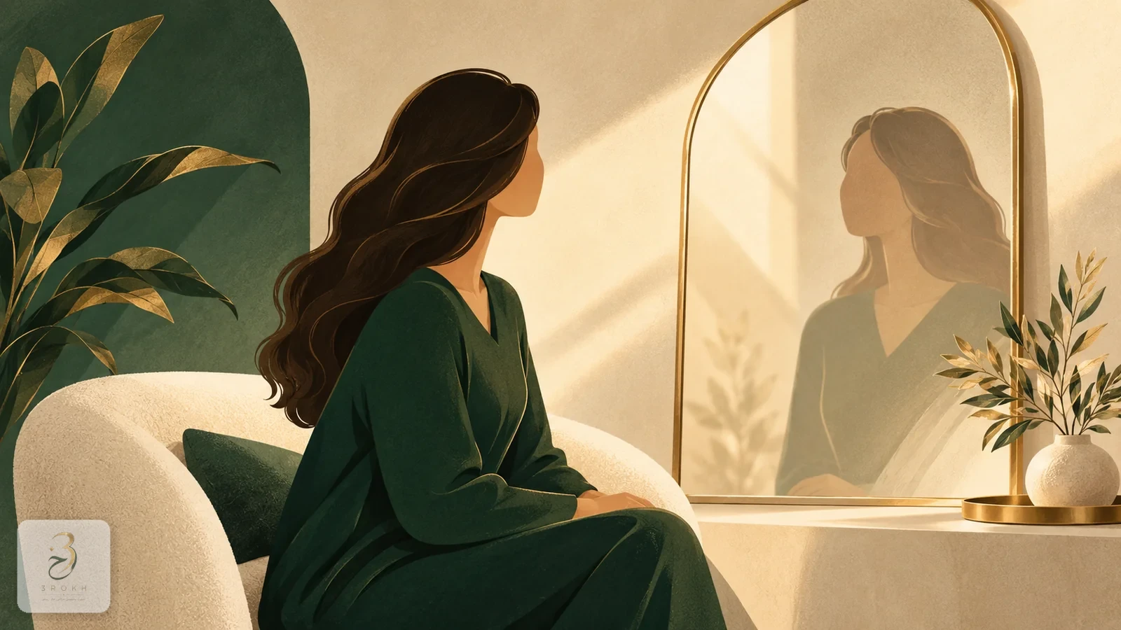 Abstract illustration of a calm mother looking into a mirror, with no face or precise medical detail shown
