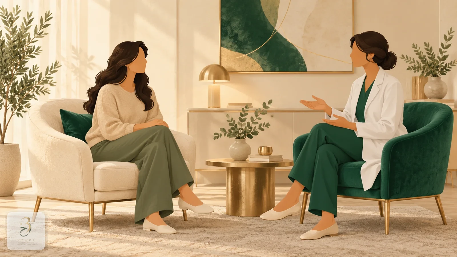 Abstract illustration of two figures in a calm conversation in a simple consultation room, with no precise medical detail