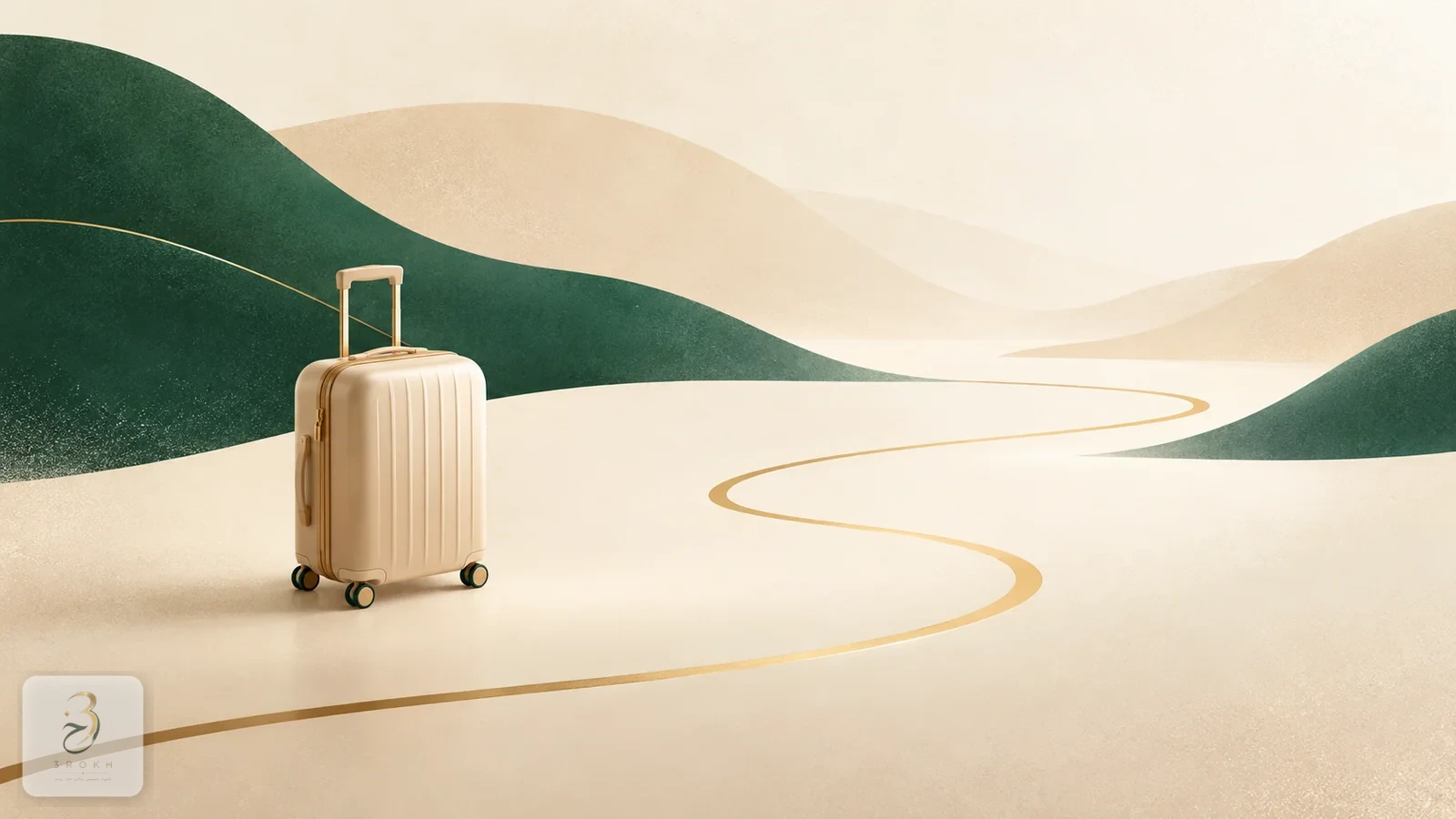 Abstract illustration of a small simple suitcase beside a gently curved route line, with no text or markings