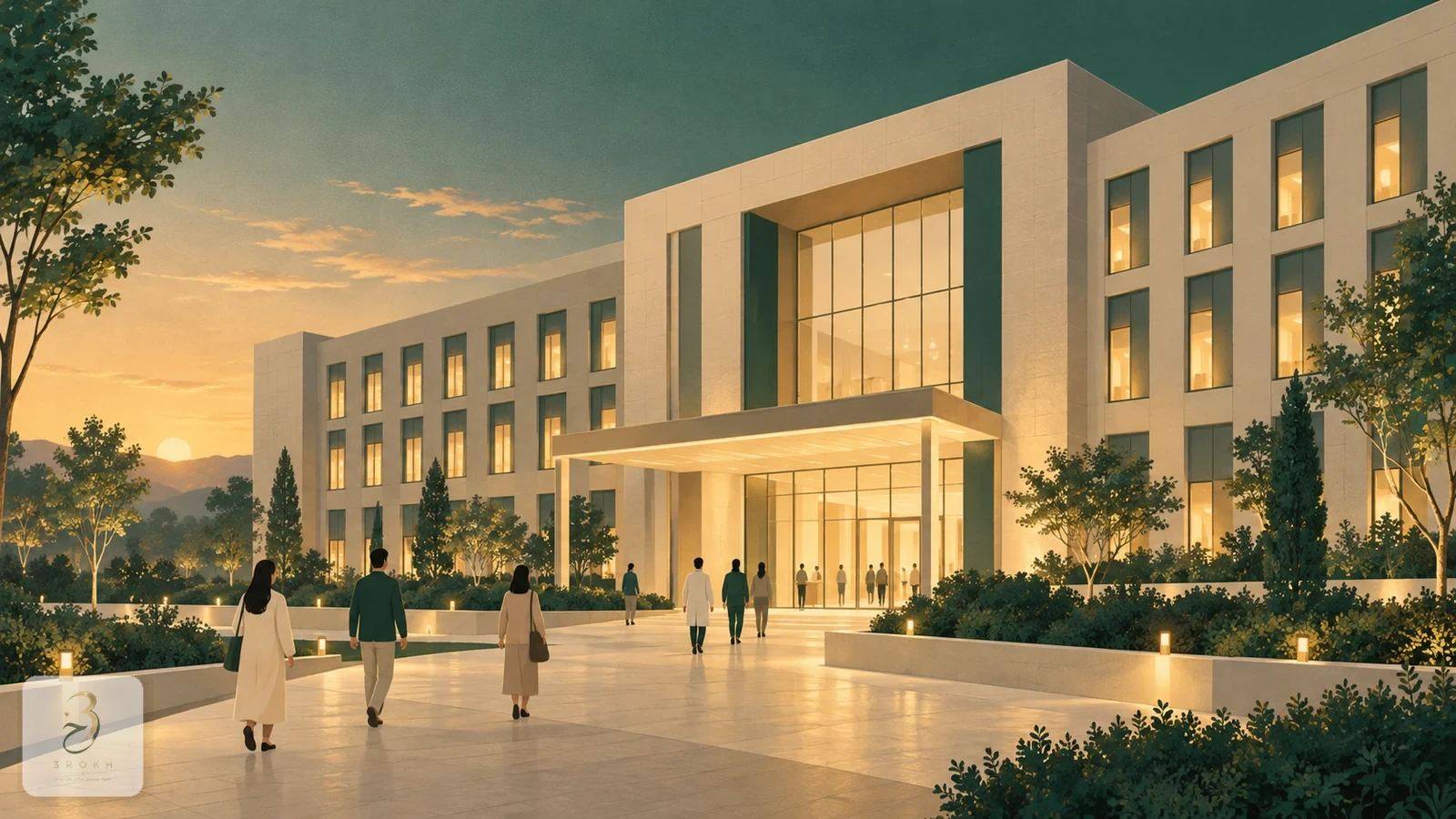 مبنى كبير بسيط بصفوف من النوافذ المضاءة، رمز للمستشفى الحكومي والجامعي