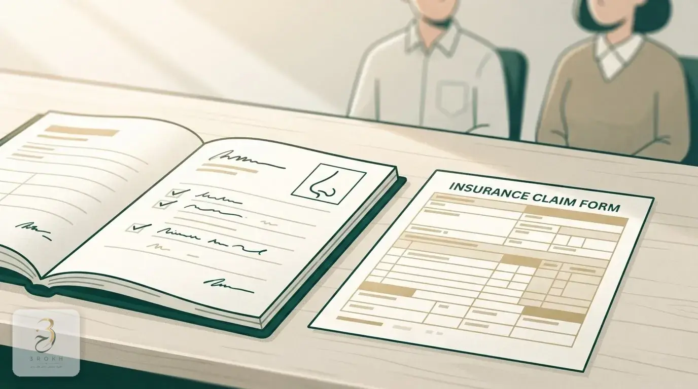 A medical chart and an insurance form next to an abstract side-profile of a nose on a consultation desk