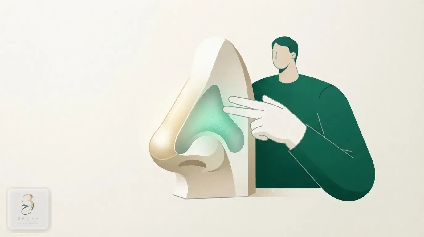 A surgeon's hand indicating two different aspects of an abstract nose at once