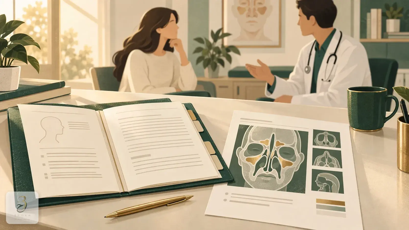 A medical file alongside a sinus imaging report on a clinic desk