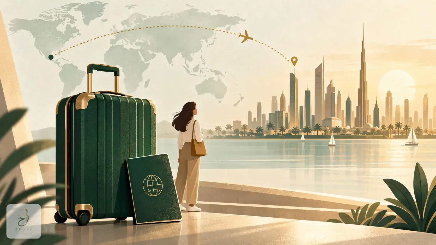 A suitcase and passport beside an abstract map of a travel route to a destination city