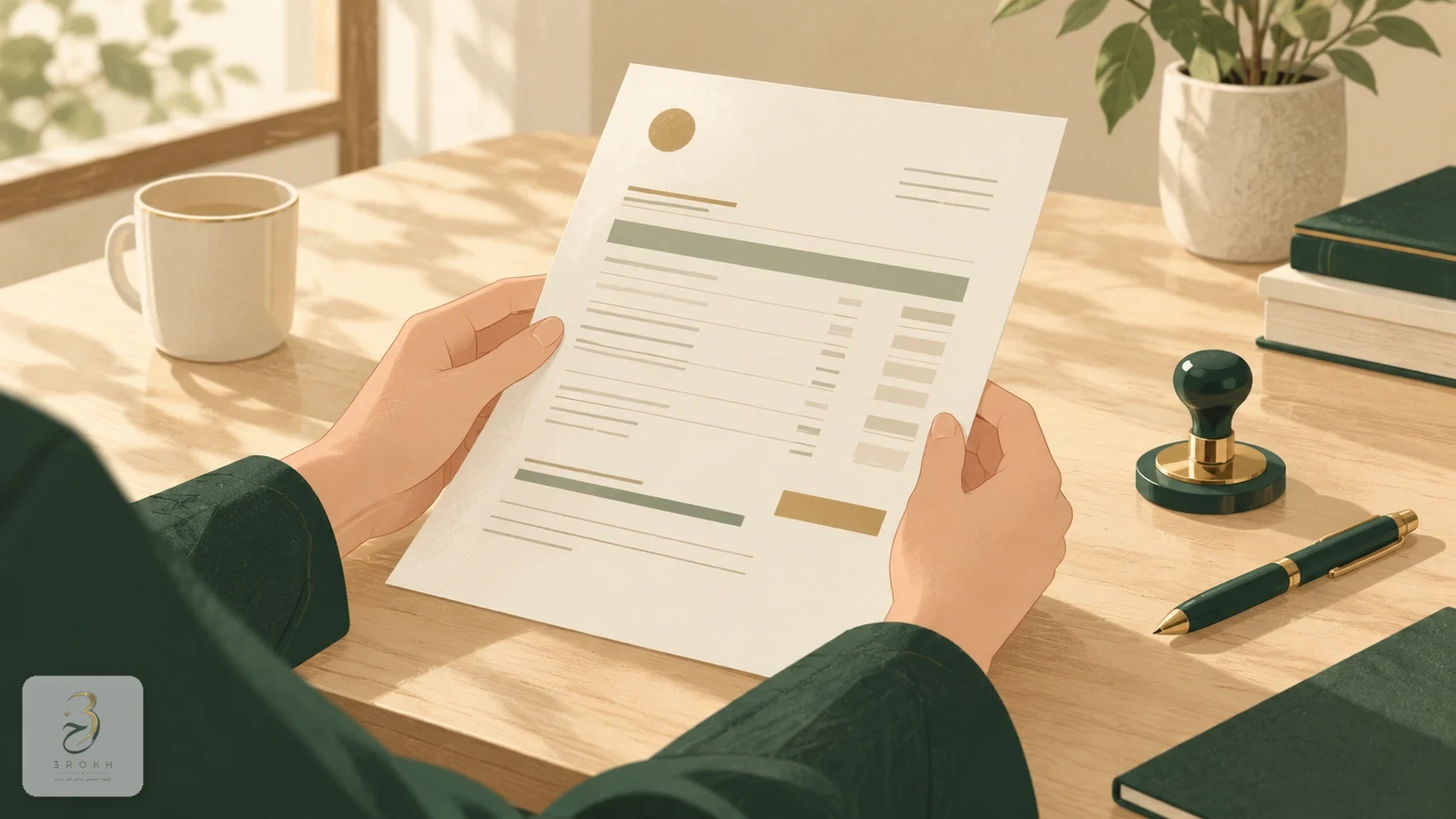 يدان تقرآن وثيقة دفع على طاولة، وبجانبها ختم بسيط وقلم