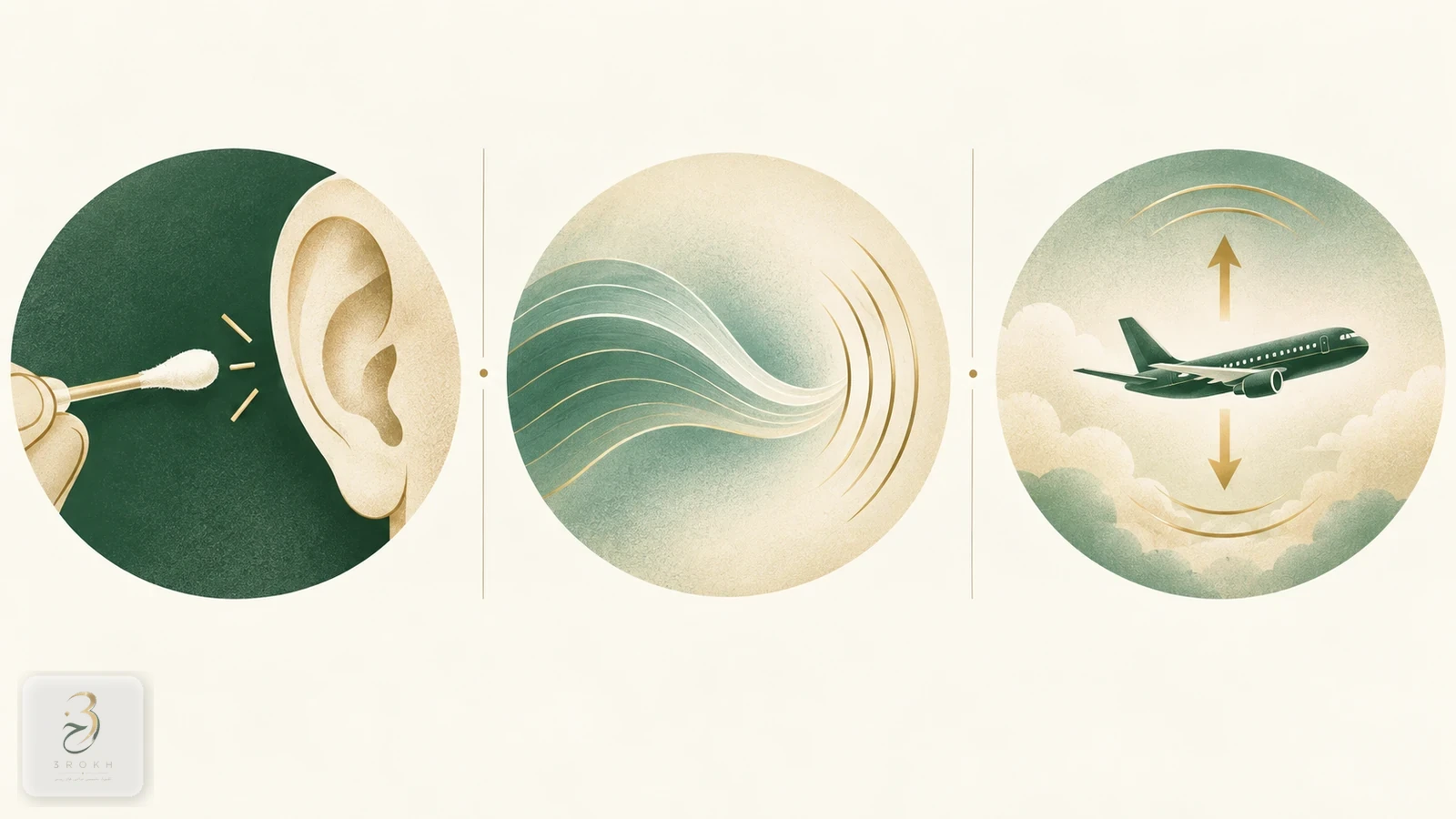 Three symbolic scenes showing ear manipulation, a pressure wave and air-pressure change