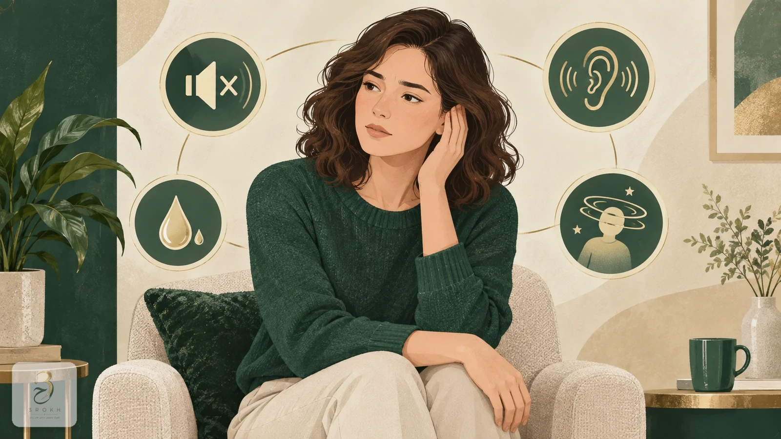 Person with symbolic signs of muffled hearing, tinnitus, discharge and dizziness