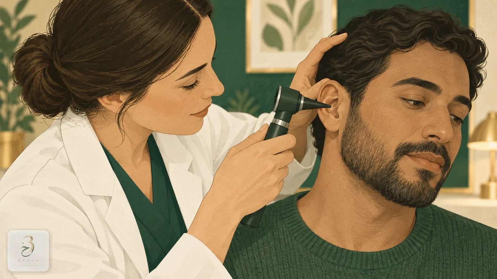 Safe professional otoscope examination with the clinician's hand properly supported