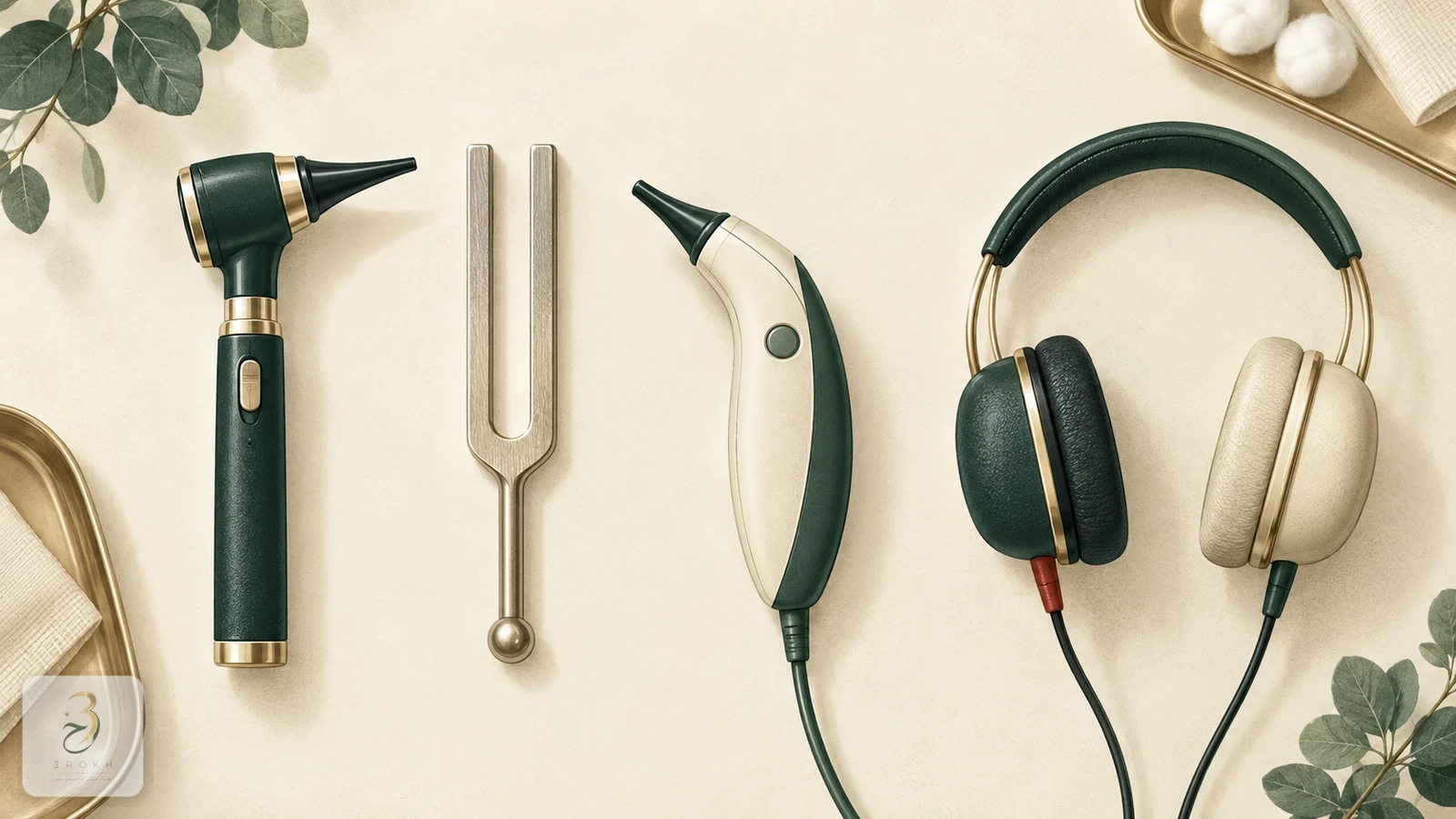 Otoscope, tuning fork, tympanometry tool and audiology headphones