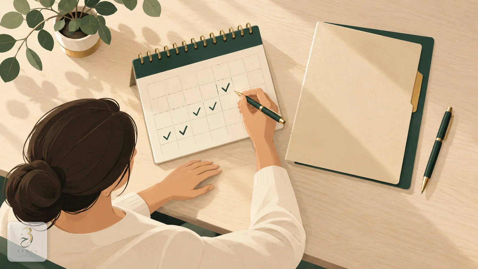 تقويم صغير بعدة خطوات معلَّمة ومجلد مستندات بجانب قلم