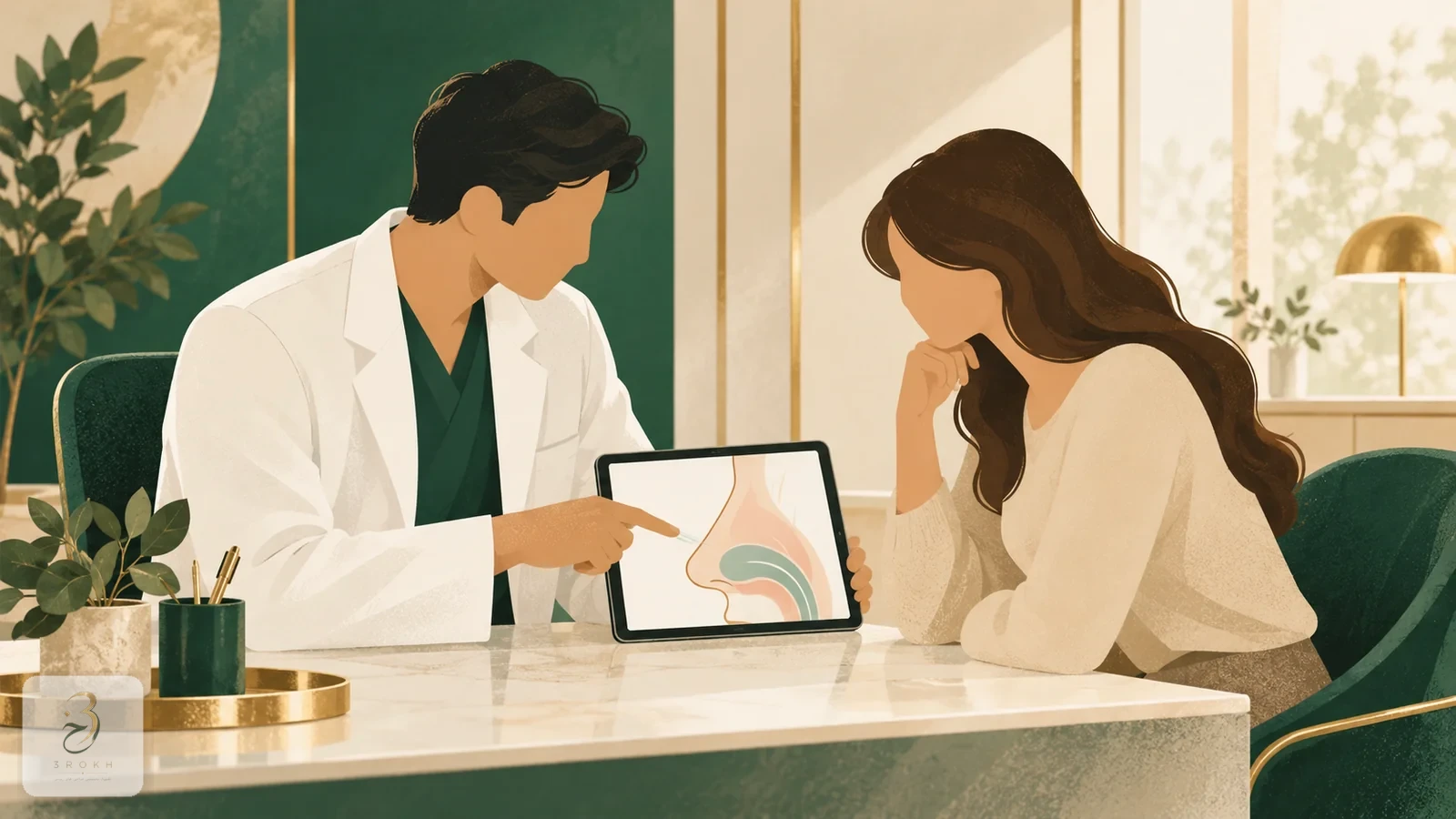 جراح ومريض يراجعان نتيجة فحص داخلي للأنف في أجواء استشارة