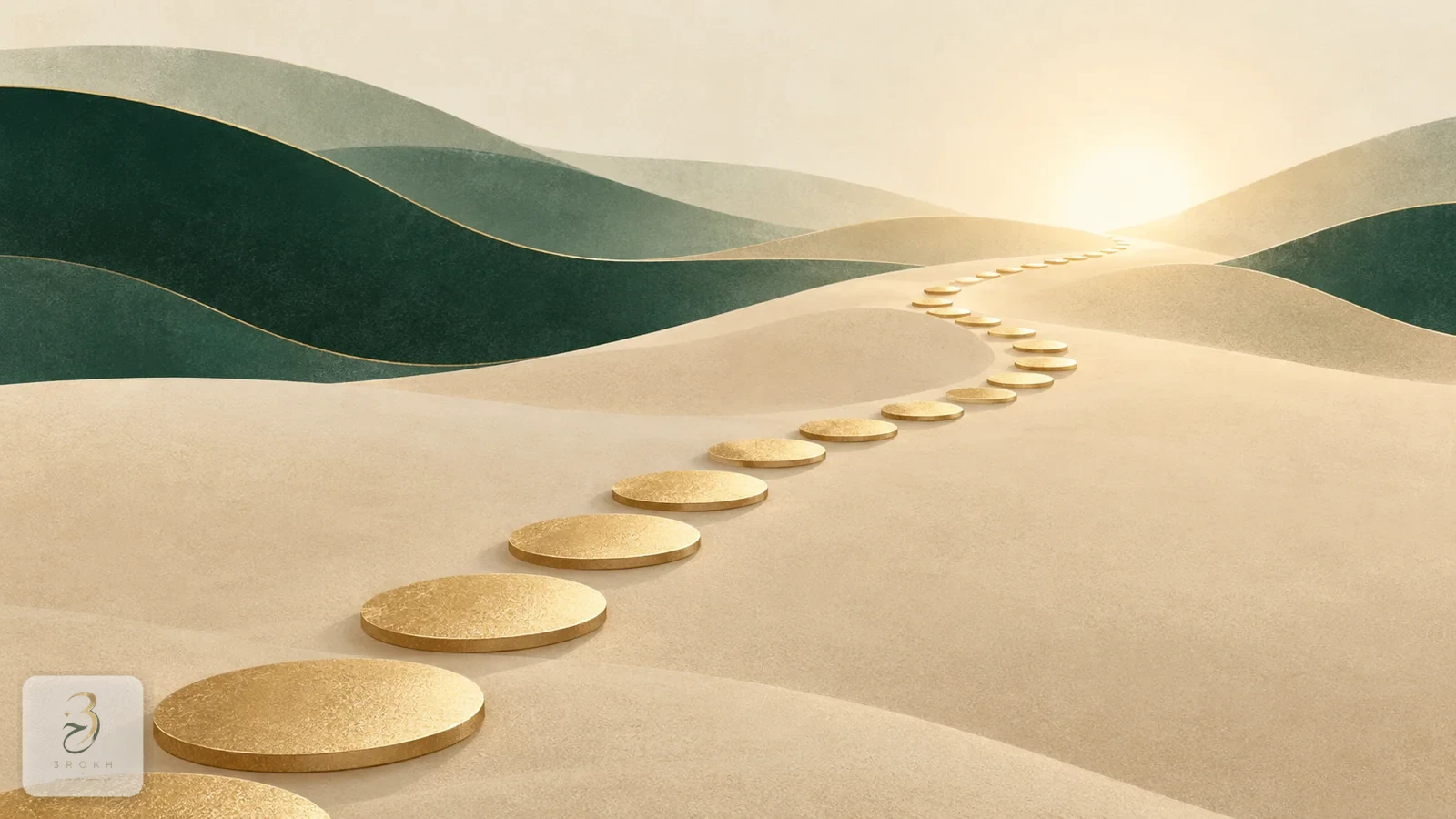 A path of small golden stepping stones rising gently toward soft light, representing accumulated experience