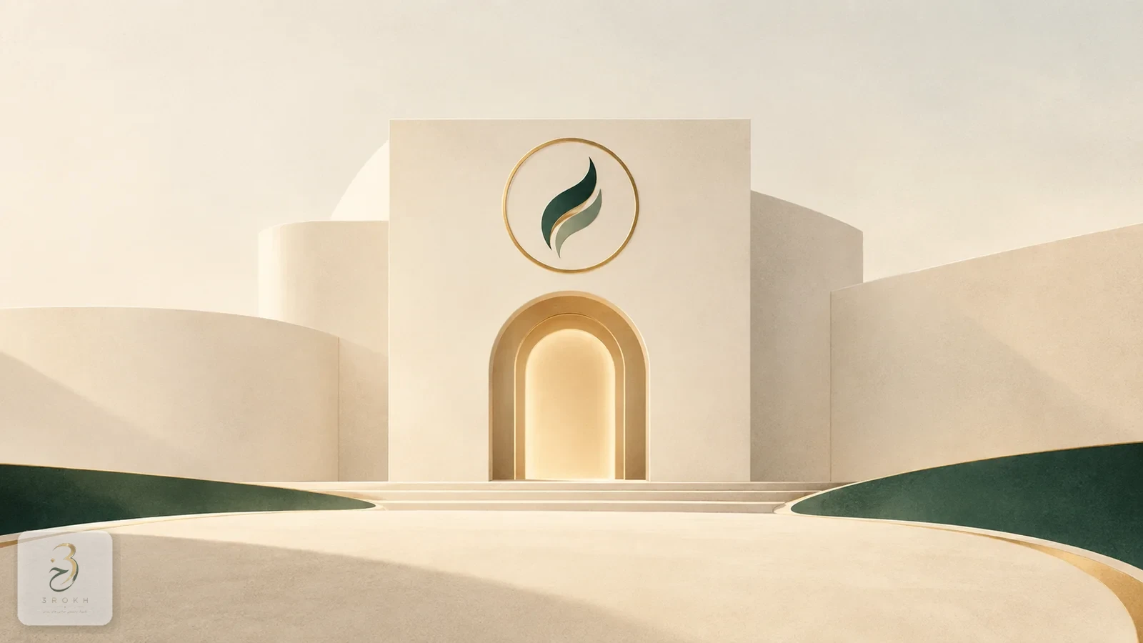 A simple medical building silhouette with a thin gold ring, representing the surgical facility and equipment