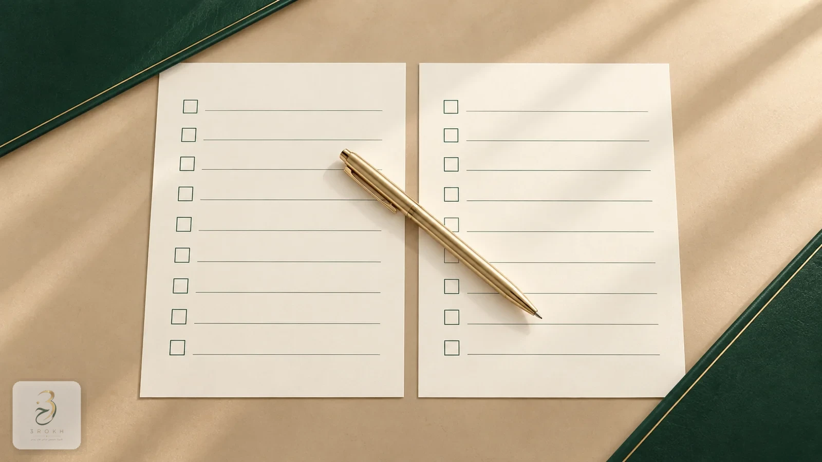 Two identical comparison sheets with matching rows and a gold pen across them, representing a fair like-for-like comparison